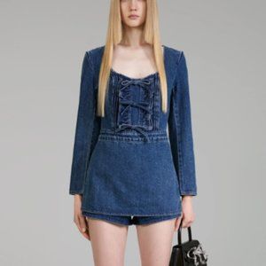 Self-Portrait Dark Wash Denim Bow Playsuit